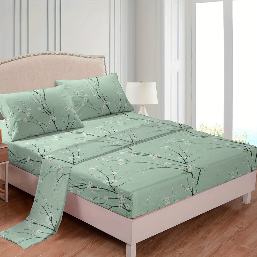 4pcs Luxury Flower Print Fitted Sheet Set - Soft, Hypoallergenic & Breathable Bedding - Wrinkle-Free & Fade-Resistant - Perfect for Bedrooms & Guest Rooms - 1 Flat Sheet, 1 Fitted Sheet, 2 Pillowcases - No Mattress Core