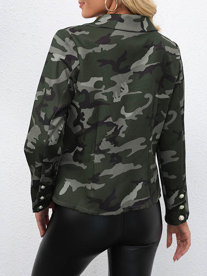 xakxx Long Sleeves Loose Buttoned Camouflage Pockets Notched Collar Blazer Outerwear