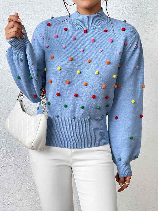 xakxx Long Sleeves Loose Pompom Triming Round-Neck Knitwear Pullovers Sweater Tops