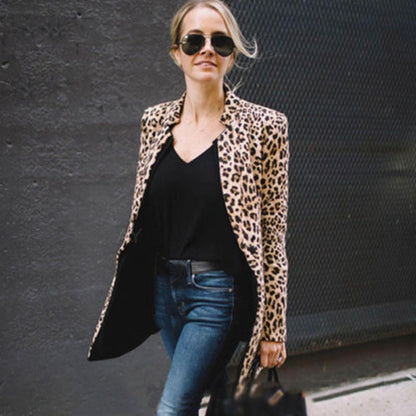 Midi Length Elegant Leopard Print Cotton Coat - Long Sleeve, Micro Elasticity, Machine Washable, Spring/Summer/Fall Wear, Cotton Lining, Random Printing, Buttonless Placket - Stylish Clubwear for Women