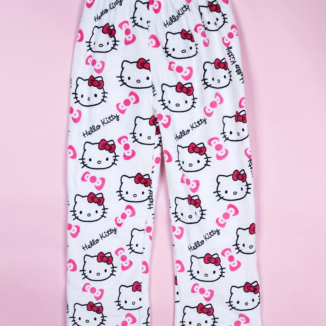 Hello Kitty Flannel Pajama Set for Women - Soft, Warm, White Anime Cartoon Print Lounge Pants - Autumn Fashion Gift Idea