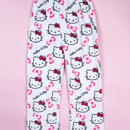 Hello Kitty Flannel Pajama Set for Women - Soft, Warm, White Anime Cartoon Print Lounge Pants - Autumn Fashion Gift Idea