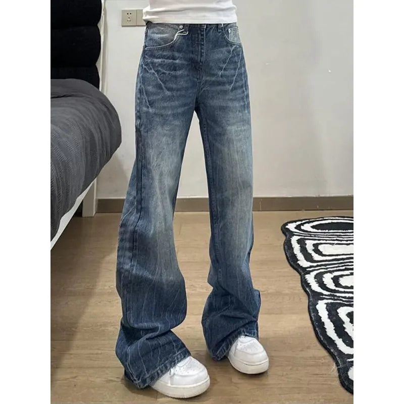 Blue jeans skinny drape straight leg loose trousers tide American wash lightning crack women high street vibe