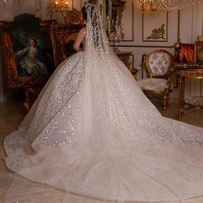 Ball Gown Royal Arabic Dubai Wedding Dress  Sweetheart Long Sleeve Robe De Mariee Lace Sequined Glitter Bridal Gowns Luxury Vestido De Novia