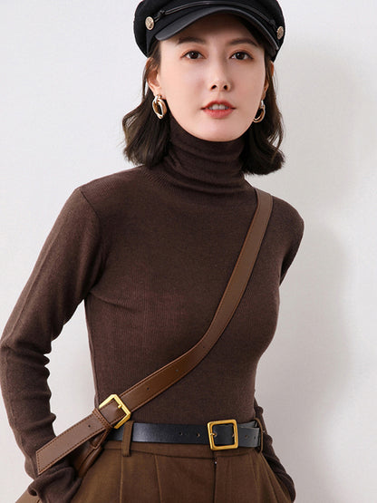 xakxx Simple Skinny Long Sleeves Solid Color High-Neck Sweater Tops Pullovers