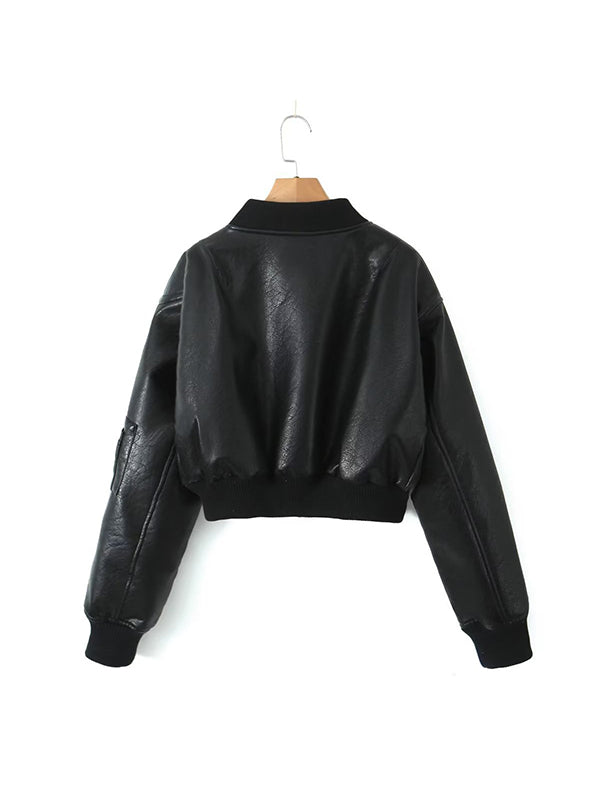 xakxx Quilted Solid Color Zipper Stand Collar PU Jackets Outerwear