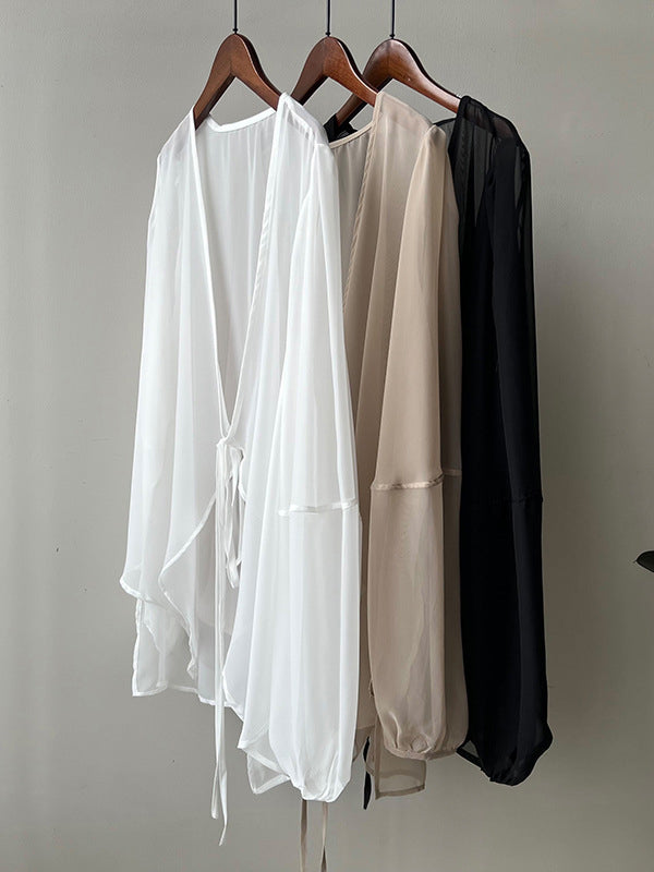 xakxx Bishop Sleeve Long Sleeves See-Through Split-Joint Tied Collarless Blouses&Shirts Tops