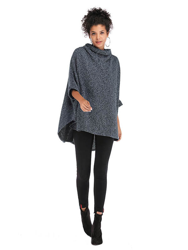 xakxx Casual Loose Half Sleeves Solid Color High-Neck Sweater Tops