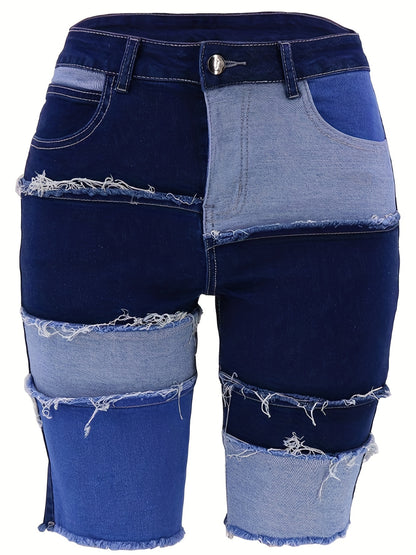 Women's Plus Size Oversized Color Block Bermuda Patchwork Denim Shorts With A Slim Fit Waist And Denim Shorts