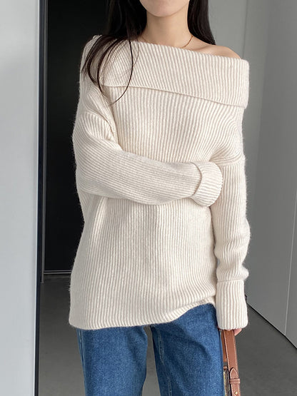 xakxx Long Sleeves Loose Solid Color Off-The-Shoulder Knitwear Pullovers Sweater