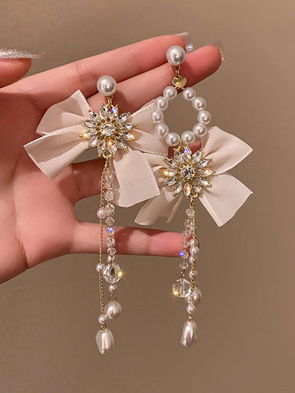 xakxx Vintage Rhinestone Bow-Embellished Tasseled Earrings Accessories