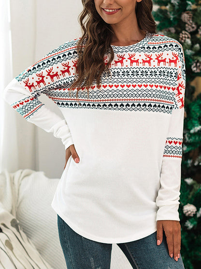 xakxx Long Sleeves Loose Animal Printed Split-Joint Round-Neck T-Shirts Tops