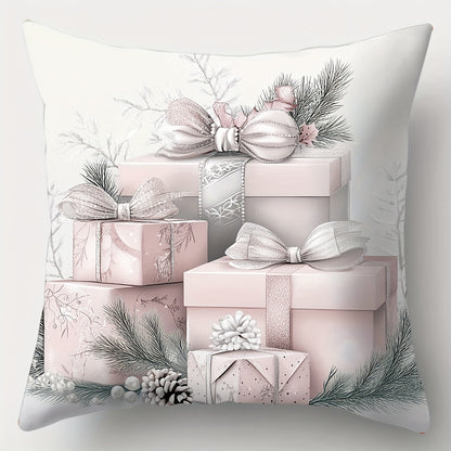 4-Piece Christmas Throw Pillow Covers Set - Contemporary Polyester Decorative Cushion Cases with Zipper Closure, Machine Washable, Woven Fabric, Holiday Themed Decor for Living Room - Gift, Tree, Wreath, Ball Designs
