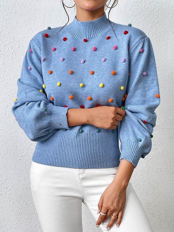 xakxx Long Sleeves Loose Pompom Triming Round-Neck Knitwear Pullovers Sweater Tops