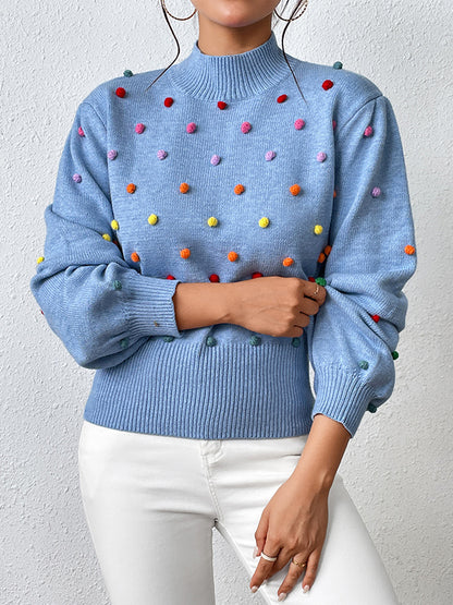 xakxx Long Sleeves Loose Pompom Triming Round-Neck Knitwear Pullovers Sweater Tops