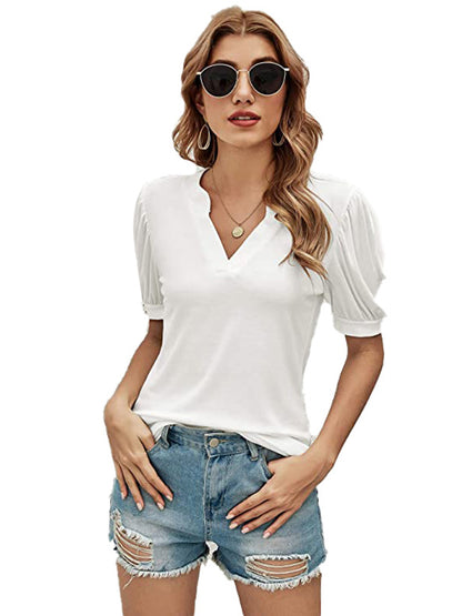 xakxx Simple Solid Color V-Neck Puff Sleeves T-Shirt Top