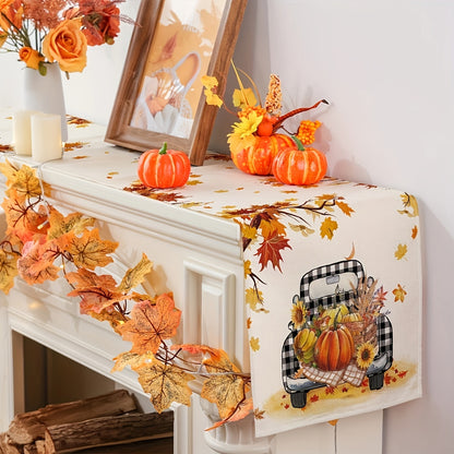 Fall Harvest Pumpkin Truck Table Runner - Seasonal Buffalo Plaid Table Decor for Indoor Outdoor Dining Tables - Thanksgiving Holiday Decorations for Home Fall Decorations