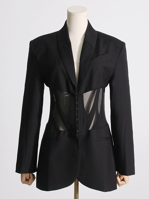 xakxx Long Sleeves Buckle Gauze See-Through Solid Color Split-Joint Notched Collar Blazer