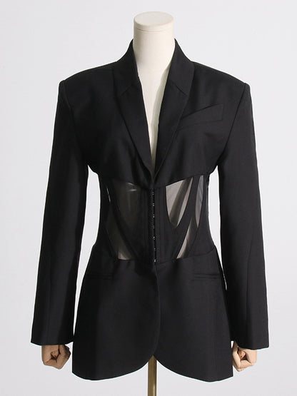 xakxx Long Sleeves Buckle Gauze See-Through Solid Color Split-Joint Notched Collar Blazer