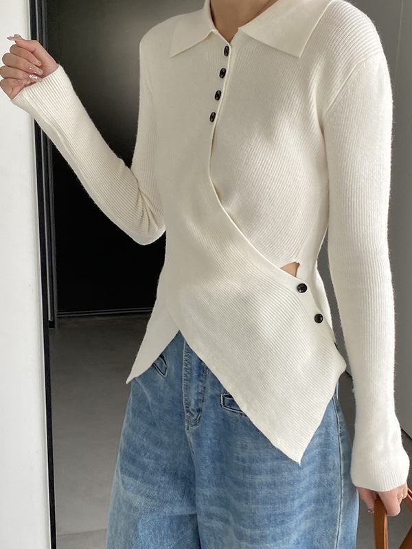 xakxx Long Sleeves Skinny Asymmetric Buttoned Hollow Lapel Knitwear Pullovers Sweater