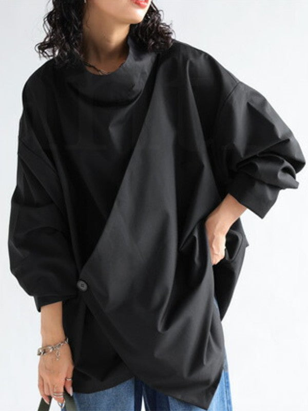 xakxx Long Sleeves Loose Solid Color High Neck T-Shirts Tops
