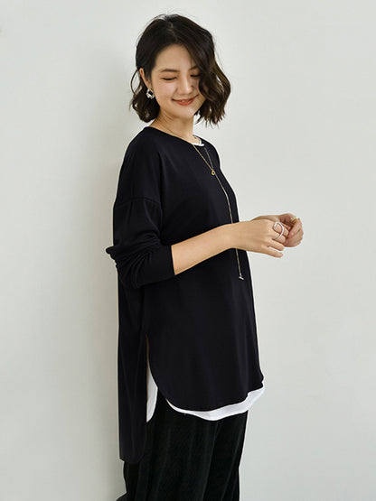 xakxx Simple Long Sleeves Loose Split-Side Solid Color Round-Neck T-Shirts Tops