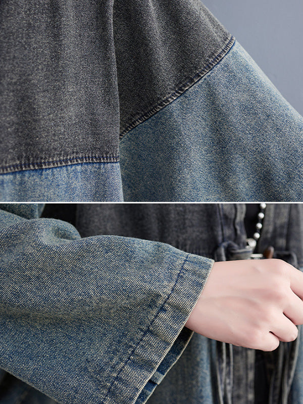 xakxx Artistic Retro Denim Long Sleeves Loose Tied Split-Joint Trench Outerwear