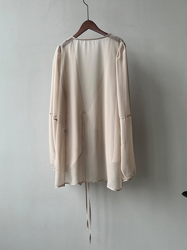 xakxx Bishop Sleeve Long Sleeves See-Through Split-Joint Tied Collarless Blouses&Shirts Tops