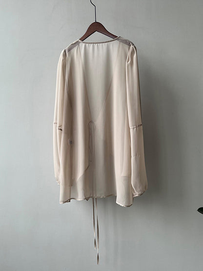 xakxx Bishop Sleeve Long Sleeves See-Through Split-Joint Tied Collarless Blouses&Shirts Tops