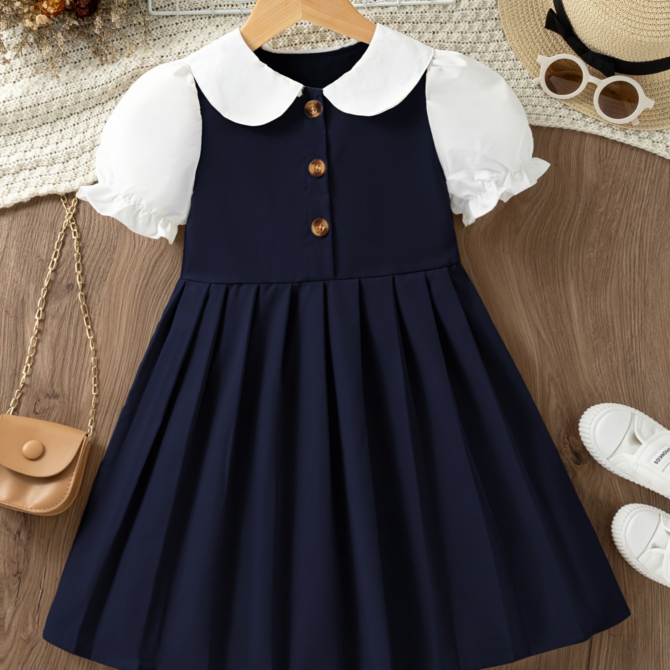 Elegant Girls Preppy Style Doll Collar Pleated Dress - Non-Stretch Polyester Fabric, Machine Washable, Solid Color, A-Line Fit, Perfect for School Uniform or Summer Casual Wear, Easy Care Instructions Included