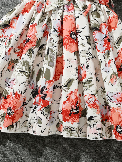 Girls Midi Floral Spliced Casual Dress with Belt - Ribbed Textured, Puff Short Sleeves, Trapeze Hem, and Medium Stretch Polyester Fabric for Summer Vacation Wear