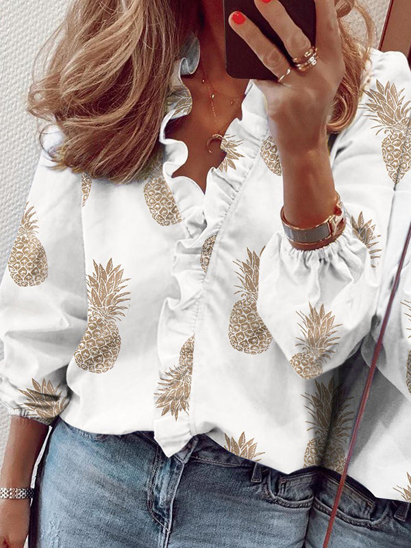 xakxx Trendy Puff Sleeves Printed V-Neck Blouses