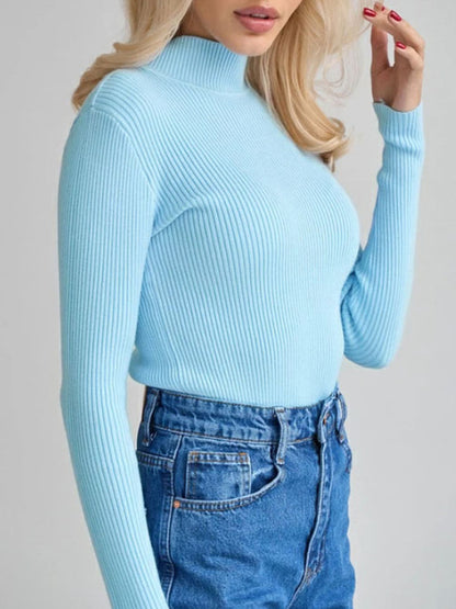 xakxx Long Sleeves Skinny Solid Color Split-Joint High Neck Sweater Tops