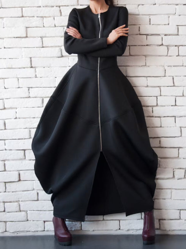 xakxx Split-Joint Zipper Round-Neck Maxi Dress Coat Bubble Dress