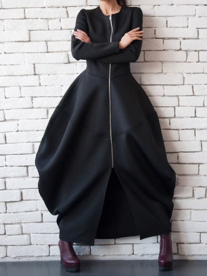 xakxx Split-Joint Zipper Round-Neck Maxi Dress Coat Bubble Dress