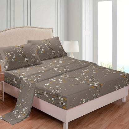 4pcs Luxury Flower Print Fitted Sheet Set - Soft, Hypoallergenic & Breathable Bedding - Wrinkle-Free & Fade-Resistant - Perfect for Bedrooms & Guest Rooms - 1 Flat Sheet, 1 Fitted Sheet, 2 Pillowcases - No Mattress Core