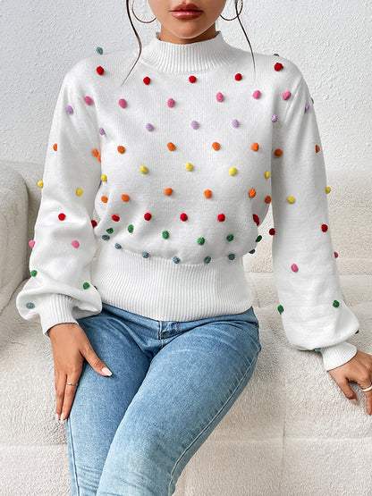 xakxx Long Sleeves Loose Pompom Triming Round-Neck Knitwear Pullovers Sweater Tops