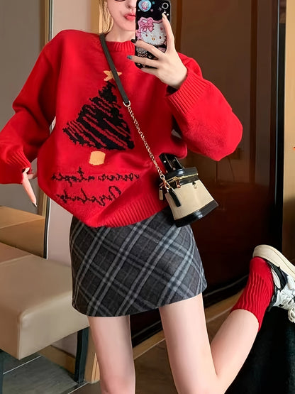 Festive Christmas Tree Crew Neck Sweater - Women's Stylish Long Sleeve Pullovers for Fall & Winter - Cozy, Soft, and Warm Clothing for Ladies
