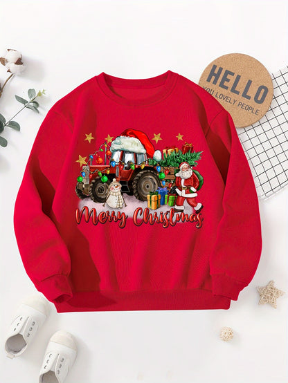 Boys' Cozy Fleece-Lined Christmas Sweatshirt with Festive Tractor Print - Casual Long Sleeve Pullover for Fall/Winter