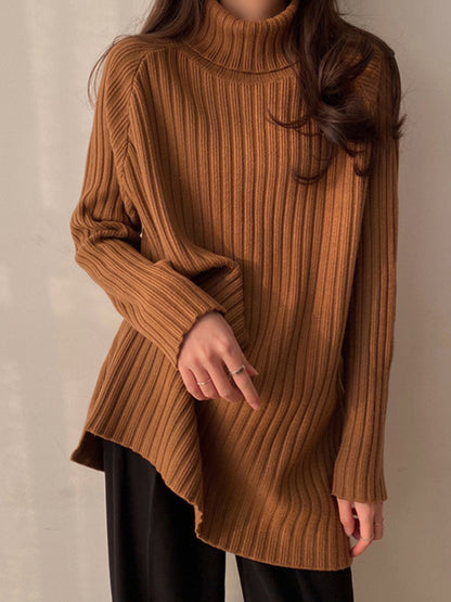 xakxx Casual Long Sleeves Loose Split-Side Solid Color High-Neck Sweater Tops