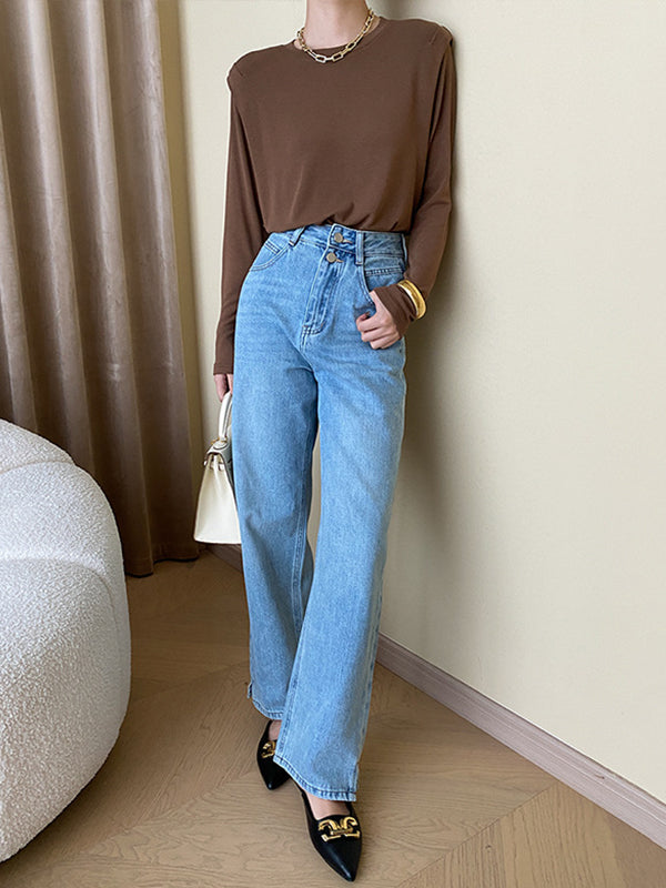 xakxx Long Sleeves Solid Color Split-Joint Round-Neck T-Shirts Tops