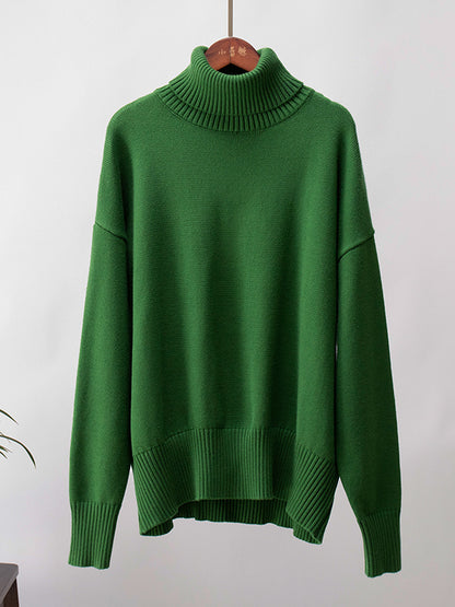 xakxx Long Sleeves Loose Solid Color High Neck Knitwear Pullovers Sweater Tops