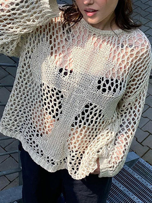 xakxx Long Sleeves Loose Hollow Solid Color Round-Neck Knitwear Pullovers Sweater Tops