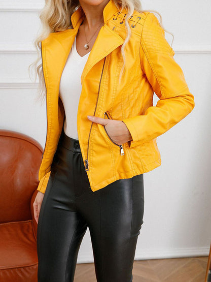 xakxx Long Sleeves Split-Joint Zipper Mock Neck PU Jackets Outerwear