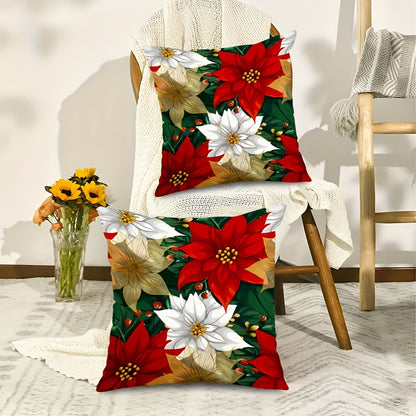 2-Pack Vibrant Christmas Poinsettia Throw Pillow Covers - Premium Zippered Polyester Cushion Cases with Seasonal Xmas Flower Design, Machine Washable, Soft and Cozy for Home Decor - Single Sided Print (No Insert)