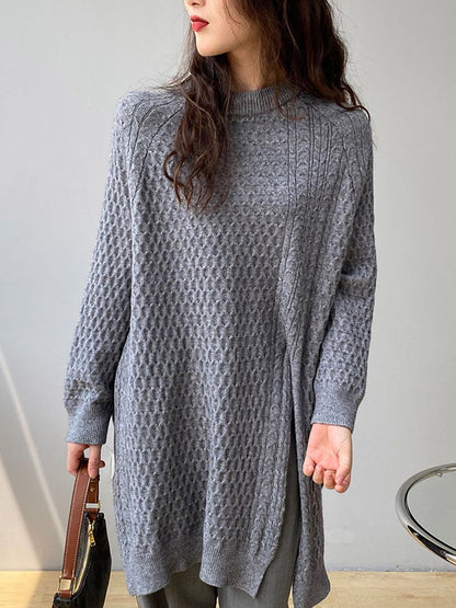 xakxx Original Irregular 5 Colors Split-Side Round-Neck Long Sleeves Sweater Top