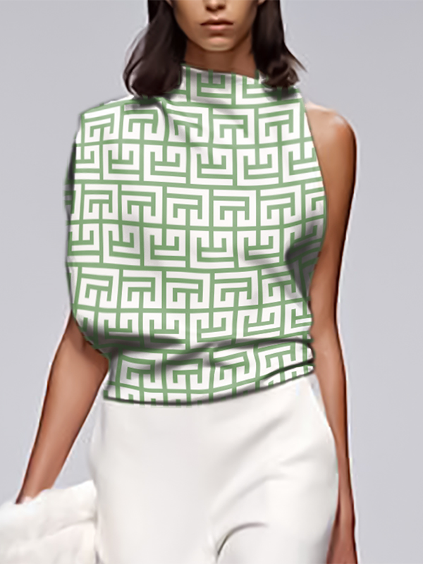 xakxx Loose Sleeveless Asymmetric Printed Stand Collar T-Shirts Tops