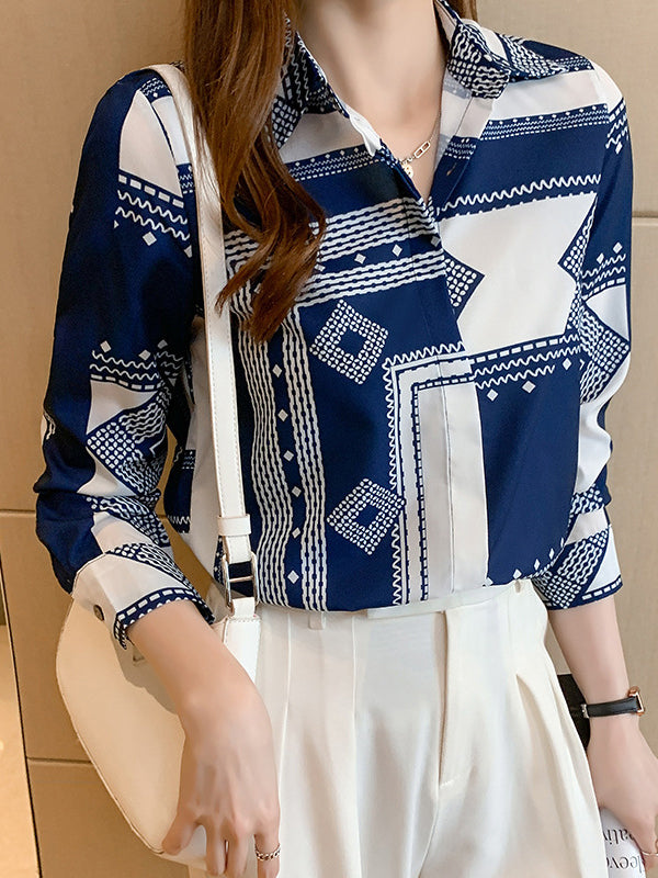 xakxx Long Sleeves Loose Buttoned Printed Lapel Blouses&Shirts Tops