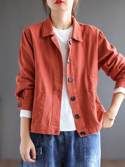xakxx Vintage Loose Long Sleeves Buttoned Solid Color Lapel Collar Outerwear
