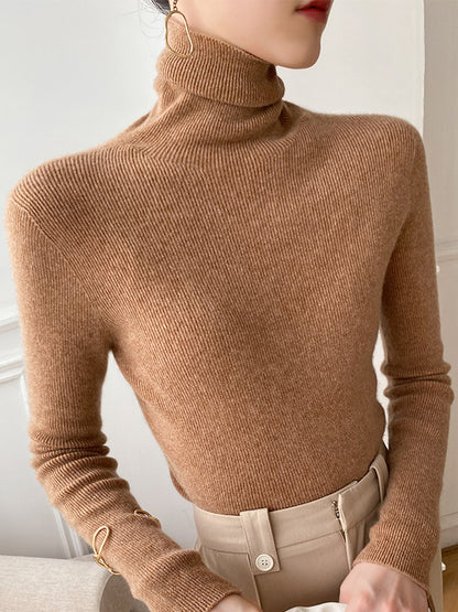 xakxx Simple Skinny Long Sleeves Solid Color Sweater Tops